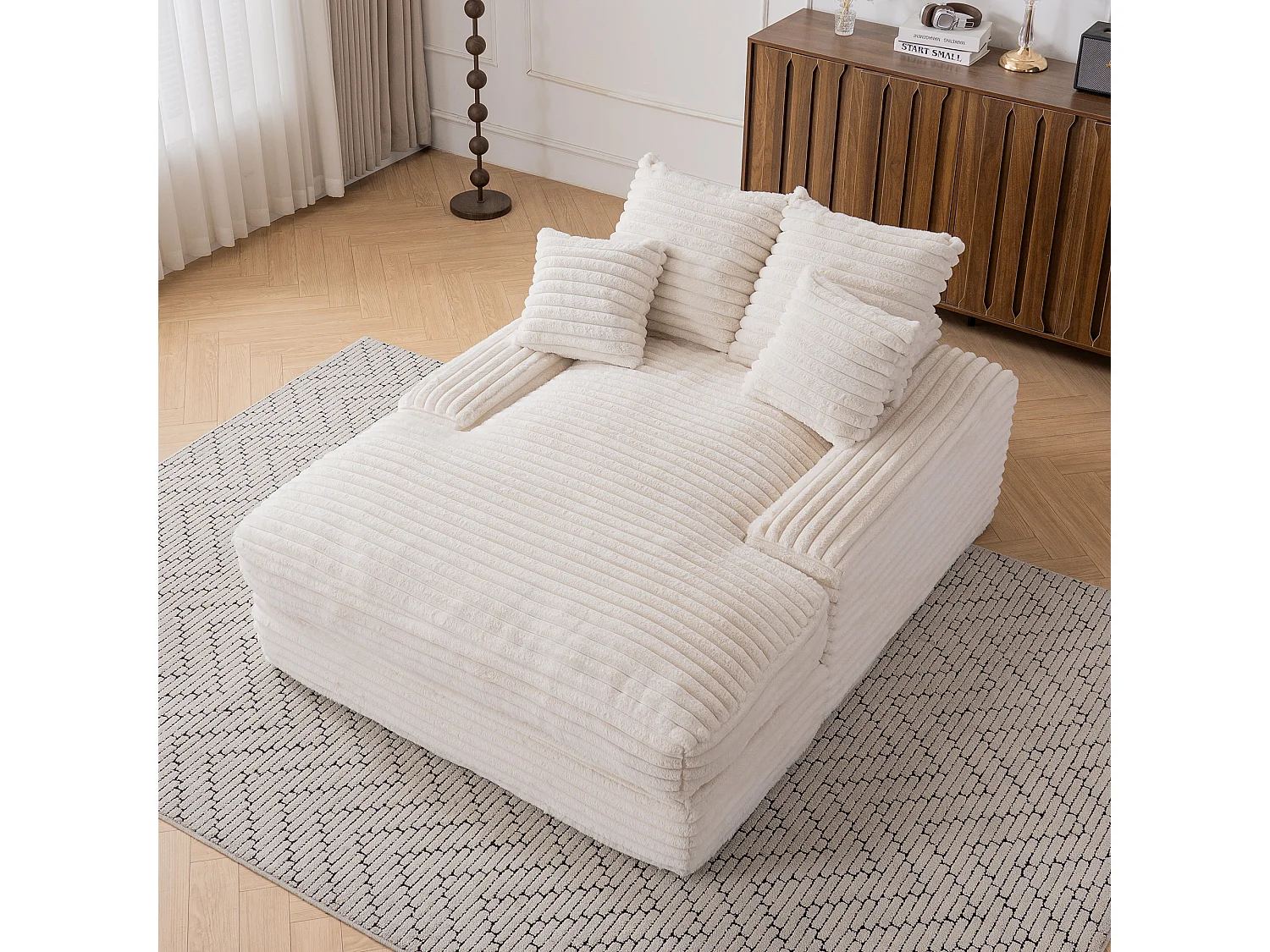 Polstersofa, beiges Cordsofa mit Rückenlehne und Kissen – für Wohn- und Schlafzimmer