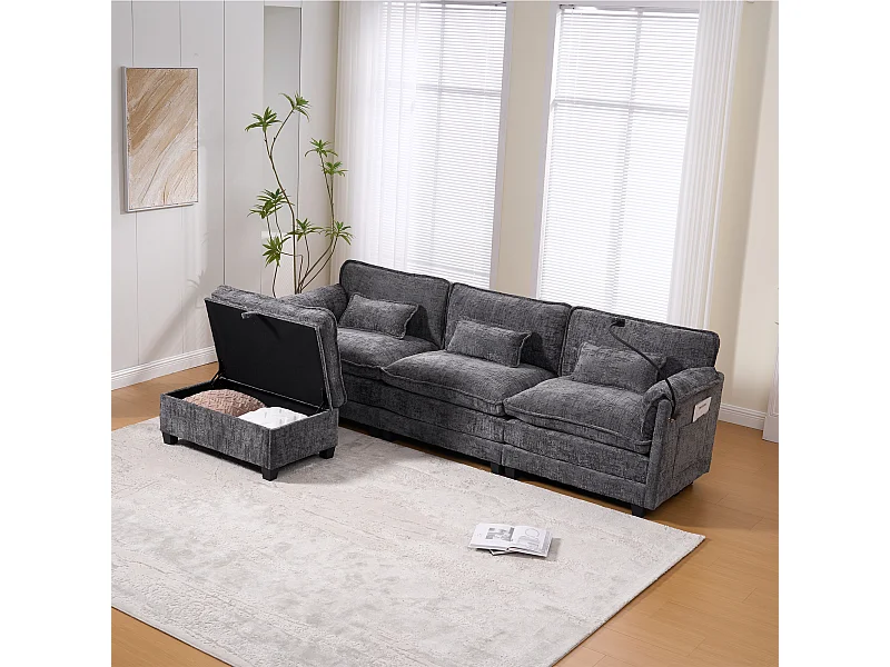 Canapé 3 places, canapé d'angle avec port USB, poches latérales et support pour téléphone - Chenille grise