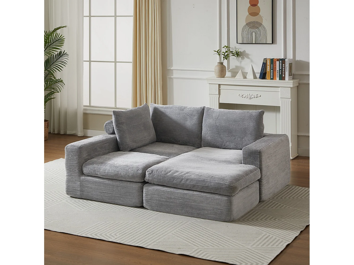 3-zitsbank, hoekbank met gewatteerde rugleuning en armleuningen - Lichtgrijs corduroy