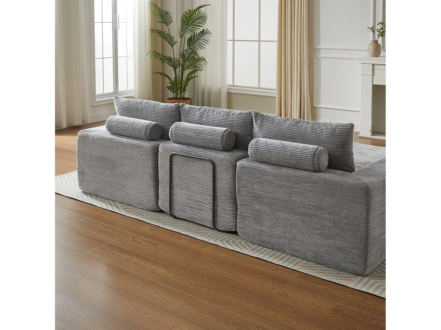 3-zitsbank, hoekbank met gewatteerde rugleuning en armleuningen - Lichtgrijs corduroy