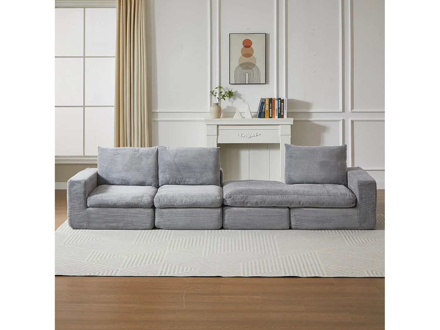 Canapé 3 places, canapé d'angle avec dossier et accoudoirs rembourrés - Velours côtelé gris clair