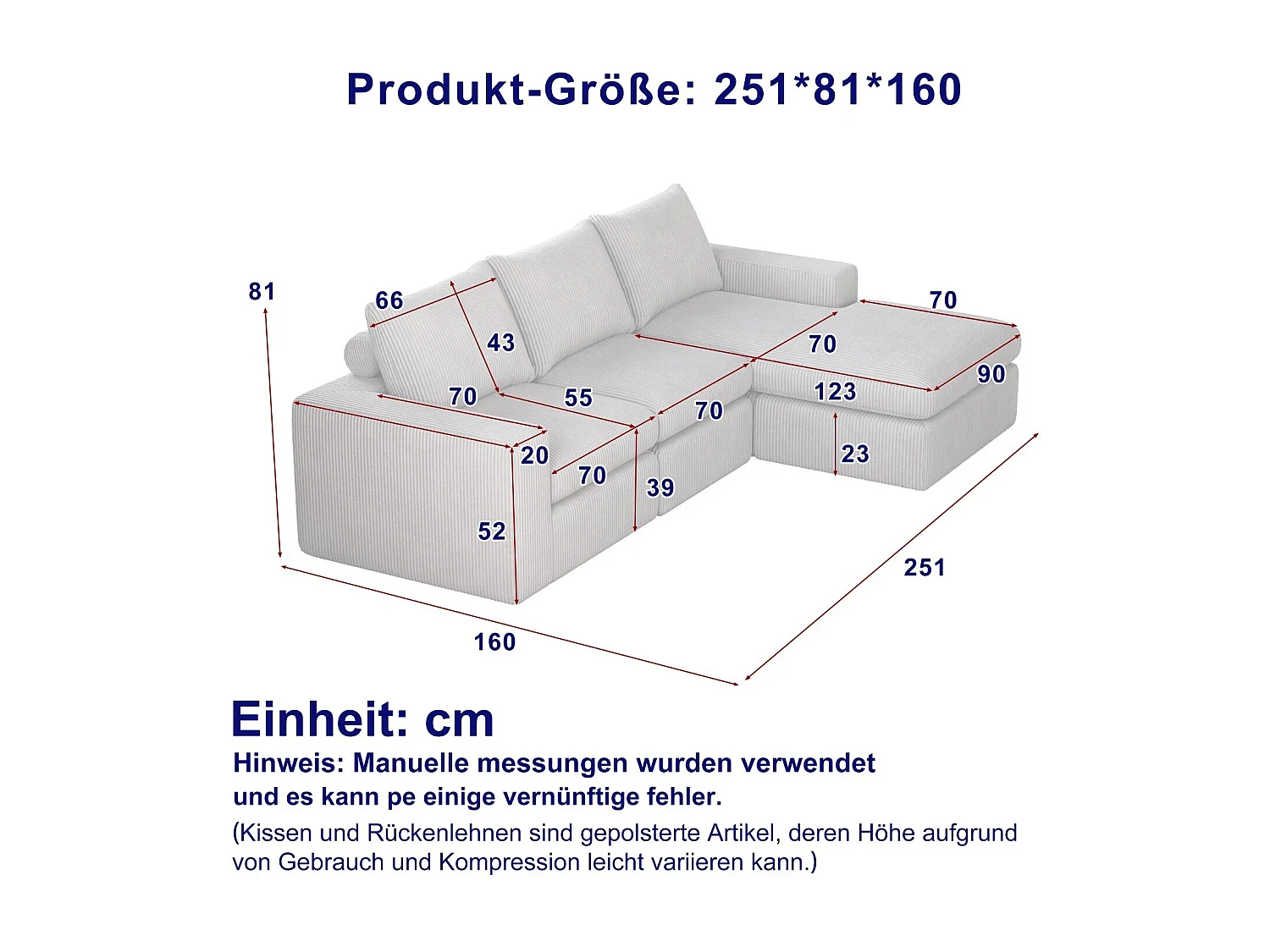 Canapé 3 places, canapé d'angle avec dossier et accoudoirs rembourrés - Velours côtelé gris clair