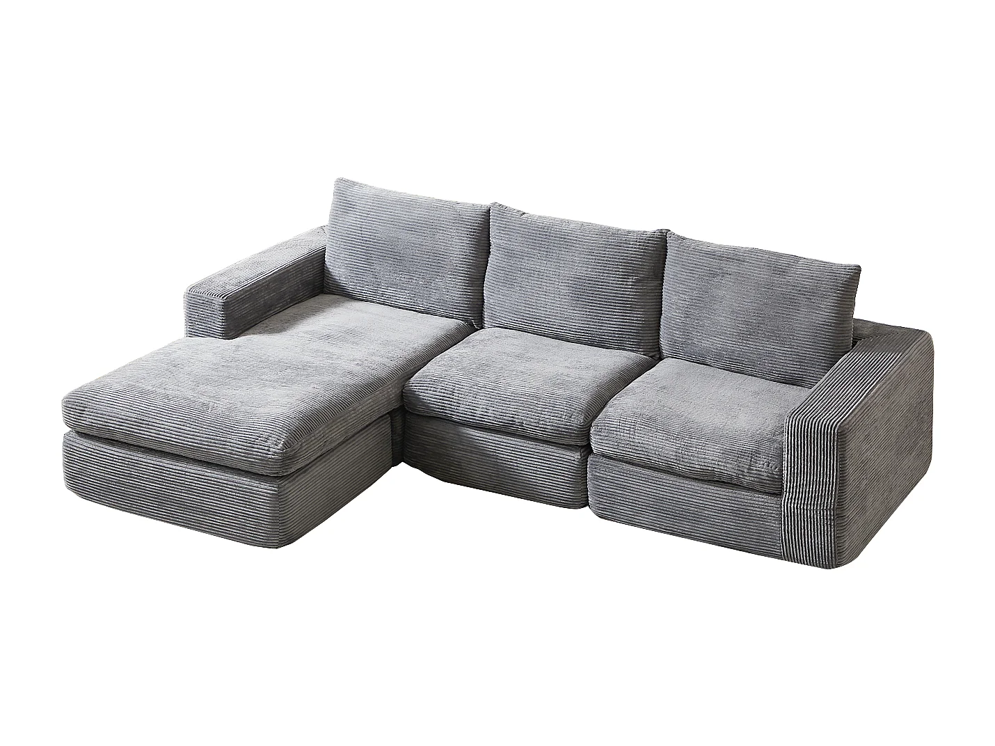 Canapé 3 places, canapé d'angle avec dossier et accoudoirs rembourrés - Velours côtelé gris clair