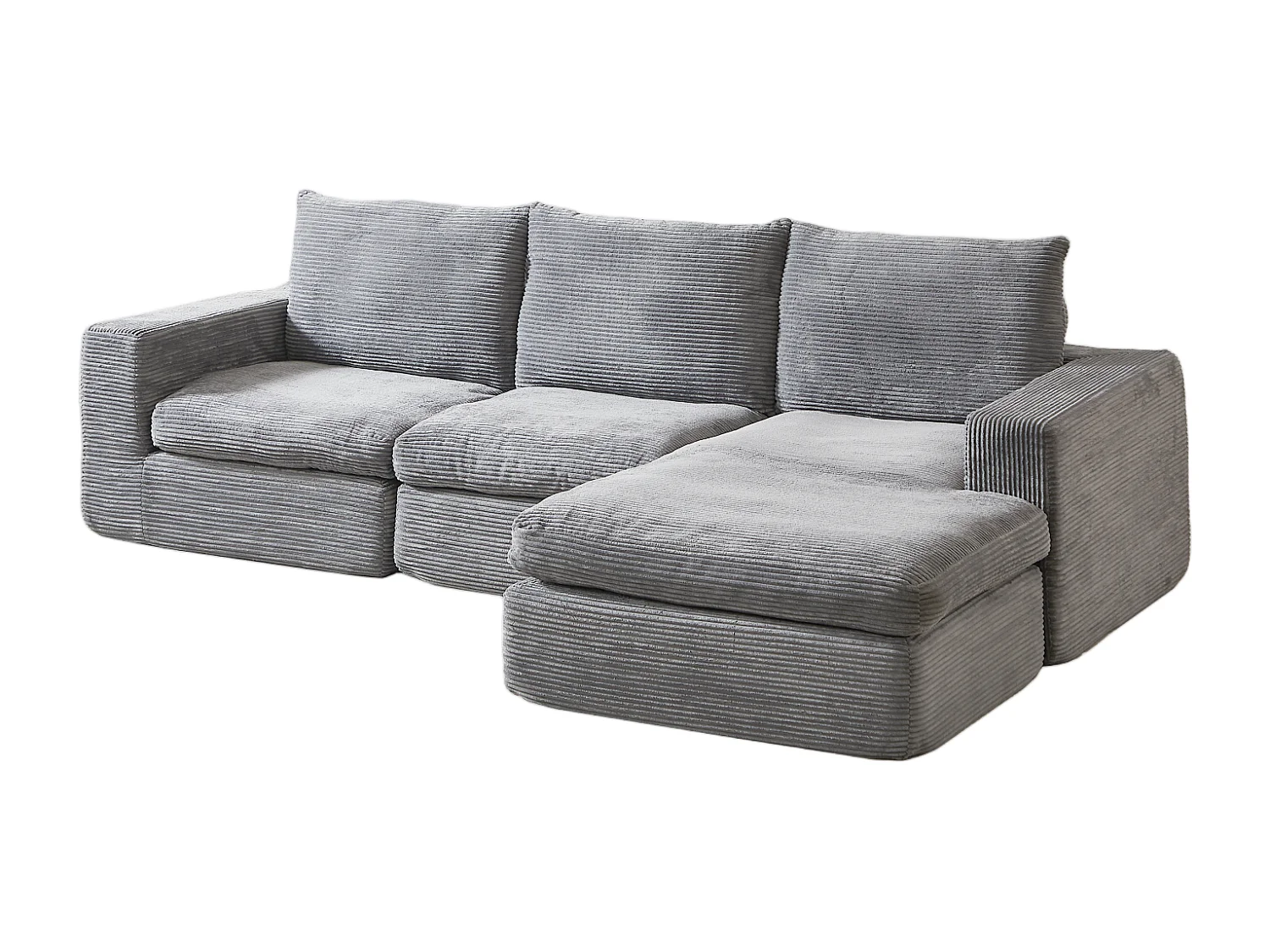 3-zitsbank, hoekbank met gewatteerde rugleuning en armleuningen - Lichtgrijs corduroy