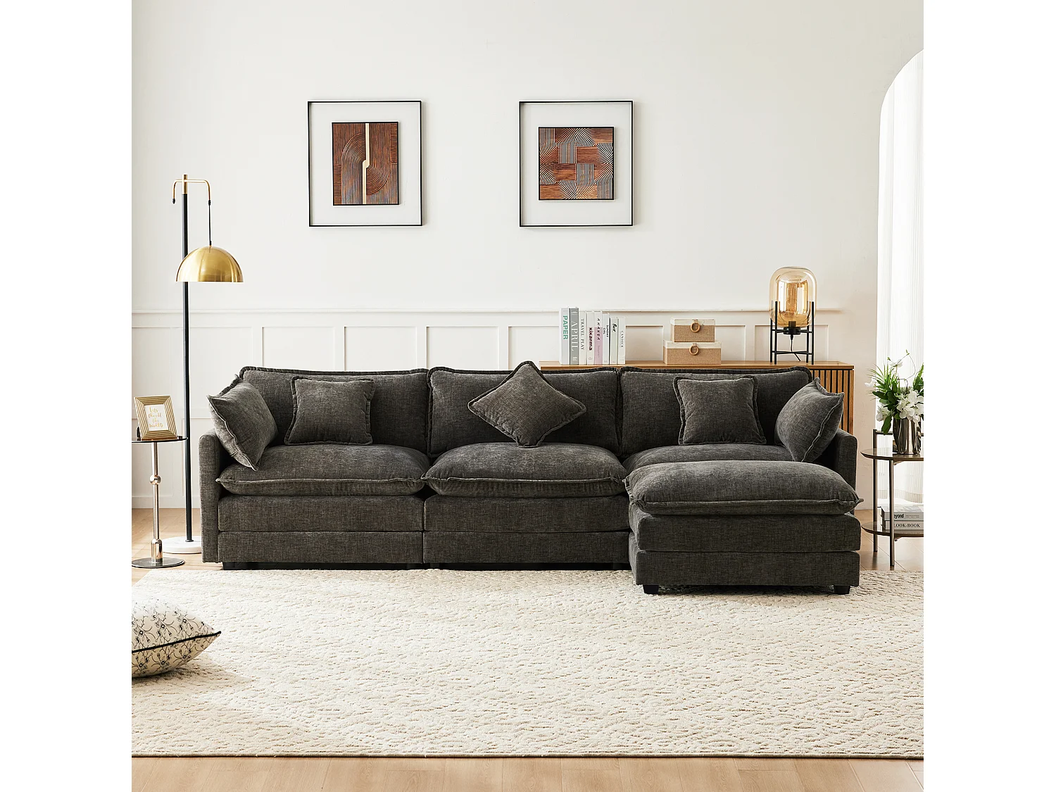 Canapé 3 places, canapé d'angle avec accoudoirs et dossier rembourré - Chenille gris foncé - pour salon et chambre