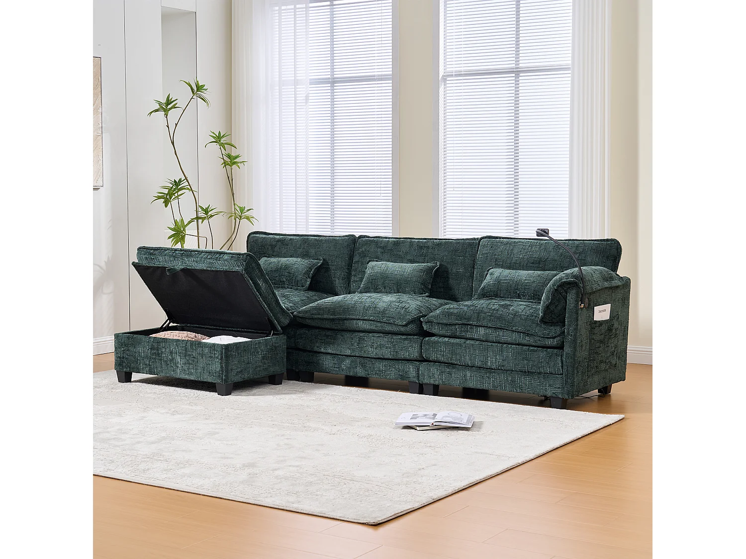 3-Sitzer-Sofa, Ecksofa mit USB-Anschluss, Seitentaschen und Handyhalterung – Grünes Chenille