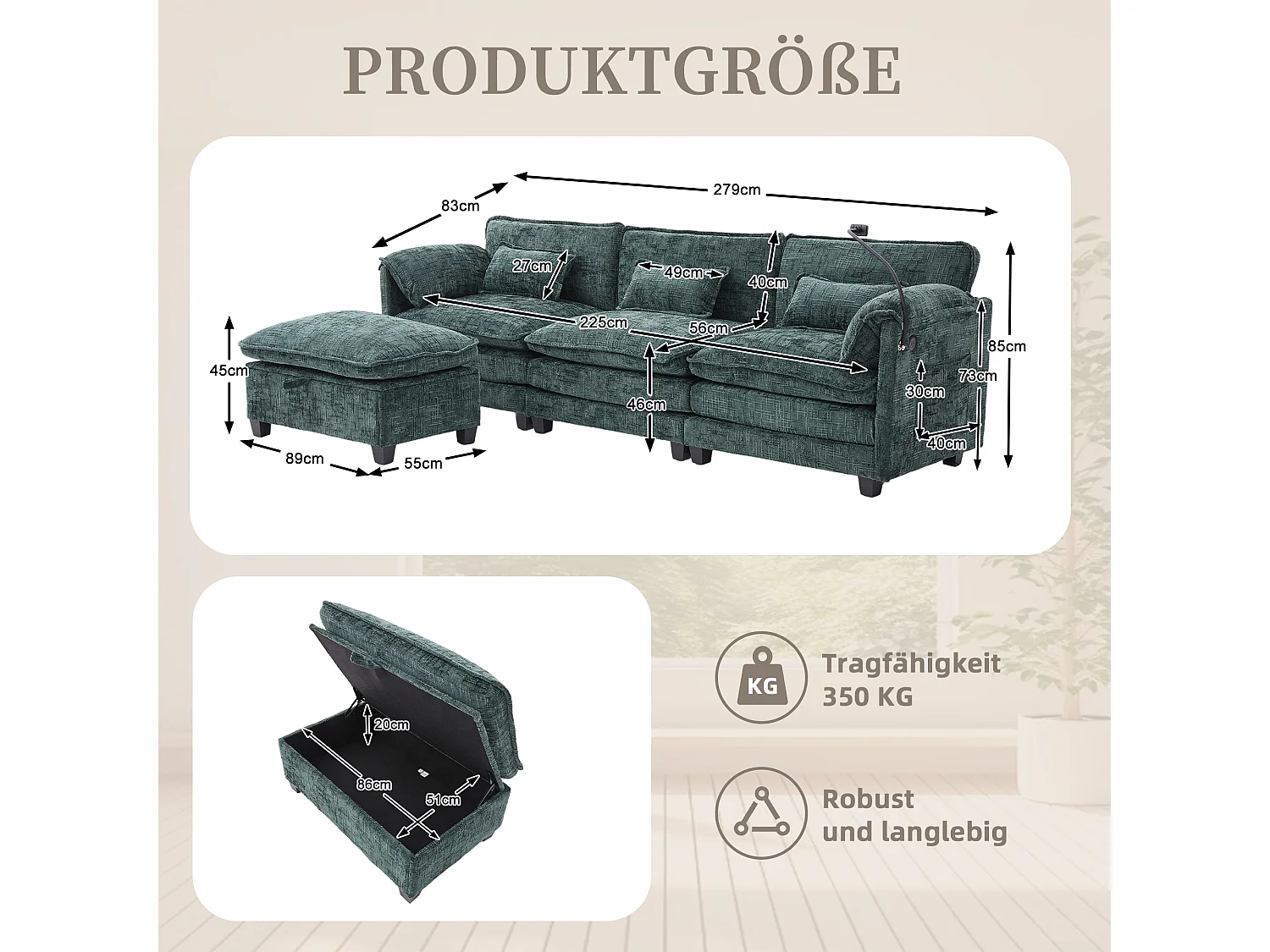 3-Sitzer-Sofa, Ecksofa mit USB-Anschluss, Seitentaschen und Handyhalterung – Grünes Chenille