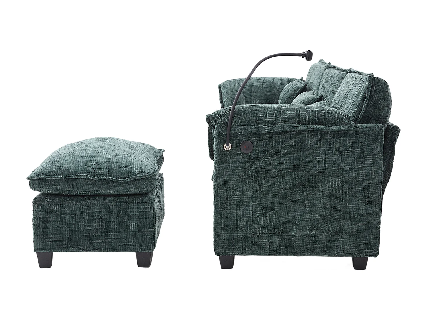 3-Sitzer-Sofa, Ecksofa mit USB-Anschluss, Seitentaschen und Handyhalterung – Grünes Chenille