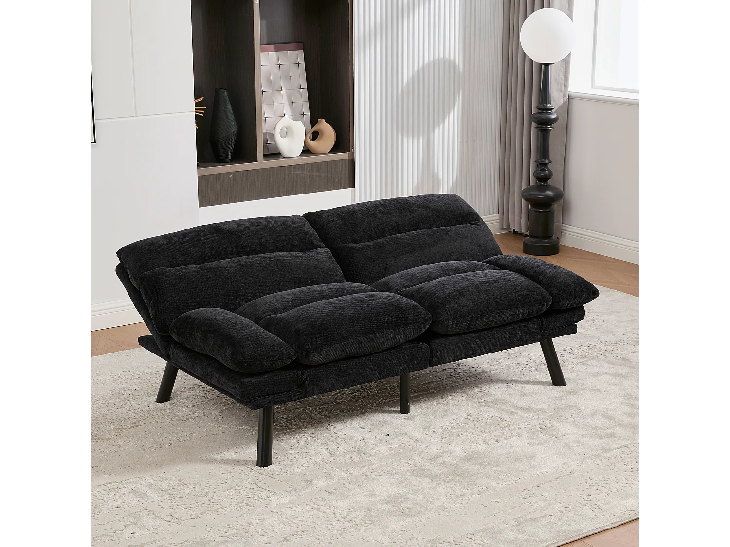 2-Sitzer-Sofa, Gepolstertes Sofa mit verstellbarer Rückenlehne und Armlehnen, Metallbeine - schwarze Chenille
