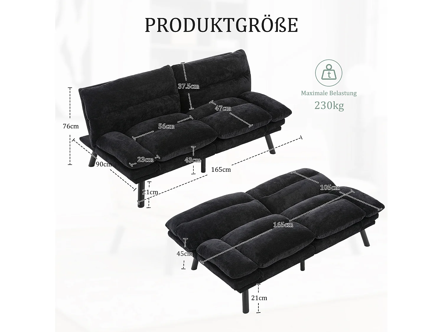 2-Sitzer-Sofa, Gepolstertes Sofa mit verstellbarer Rückenlehne und Armlehnen, Metallbeine - schwarze Chenille