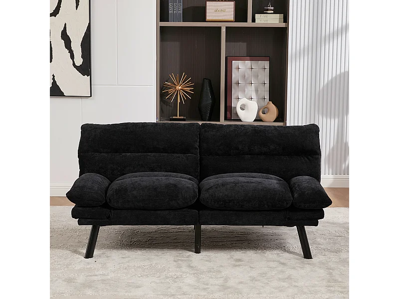 Canapé 2 places, canapé rembourré avec dossier et accoudoirs réglables, pieds en métal - Chenille noire