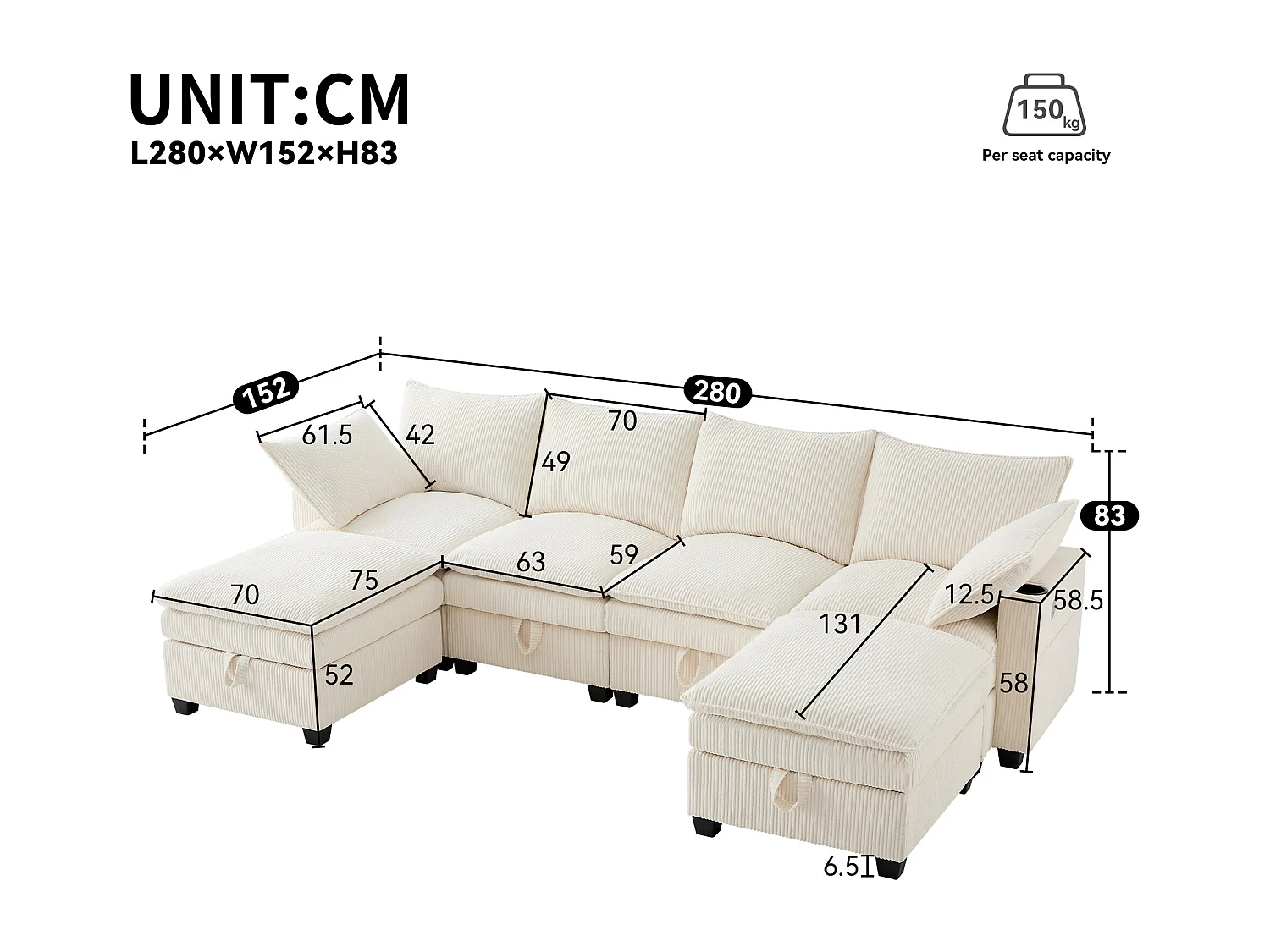 4-Sitzer-Sofa, Ecksofa mit Stauraum, Getränkehalter und USB-Anschluss – beiger Cord