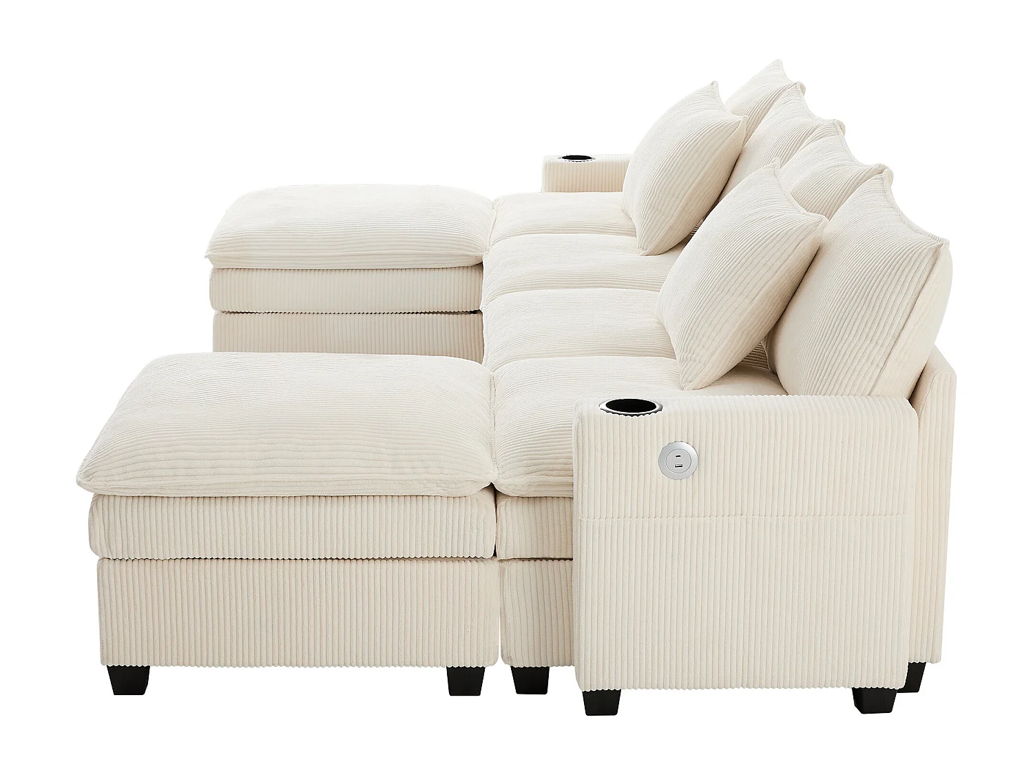 4-Sitzer-Sofa, Ecksofa mit Stauraum, Getränkehalter und USB-Anschluss – beiger Cord