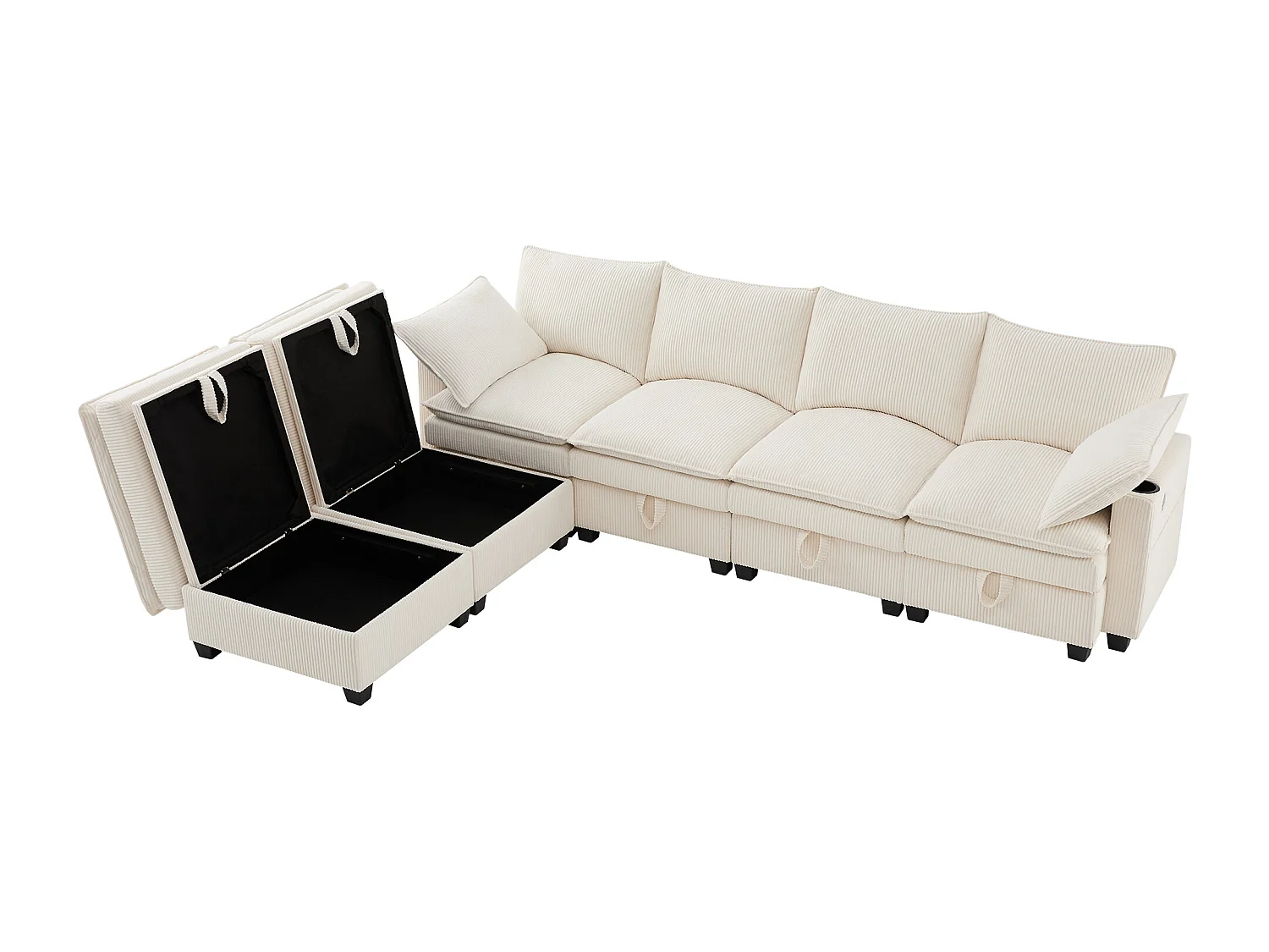 4-Sitzer-Sofa, Ecksofa mit Stauraum, Getränkehalter und USB-Anschluss – beiger Cord