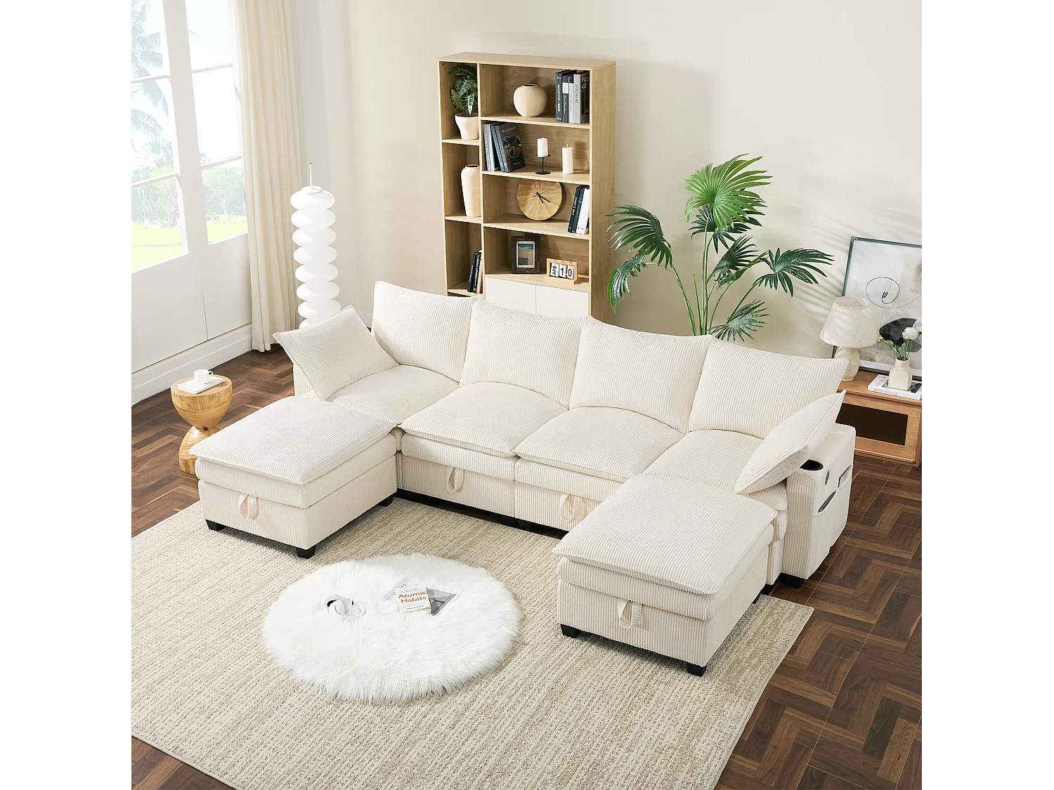 4-zitsbank, hoekbank met opbergruimte en bekerhouder, USB-aansluiting - Beige corduroy