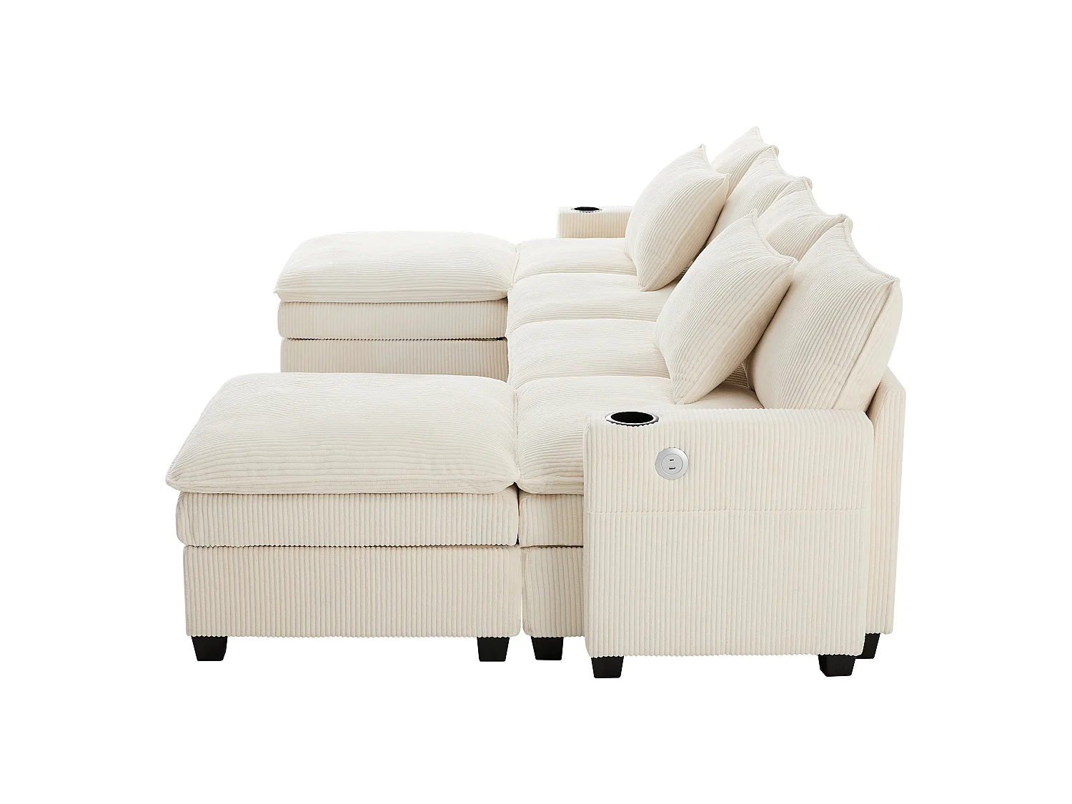 4-zitsbank, hoekbank met opbergruimte en bekerhouder, USB-aansluiting - Beige corduroy