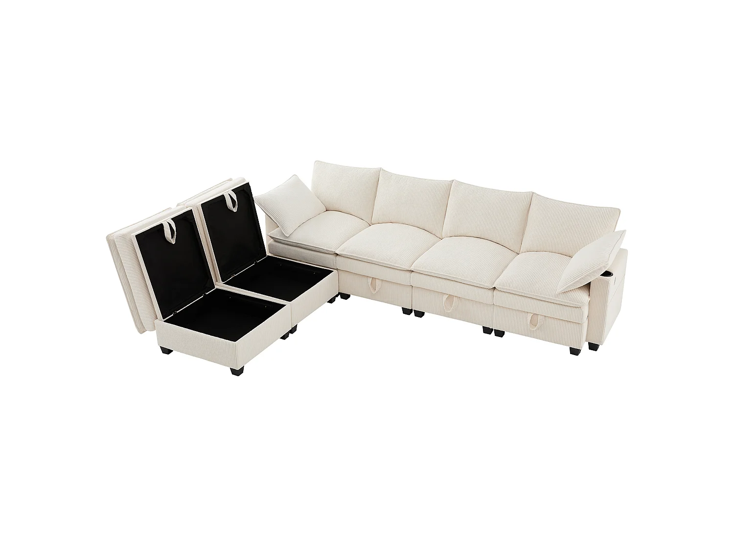 4-zitsbank, hoekbank met opbergruimte en bekerhouder, USB-aansluiting - Beige corduroy