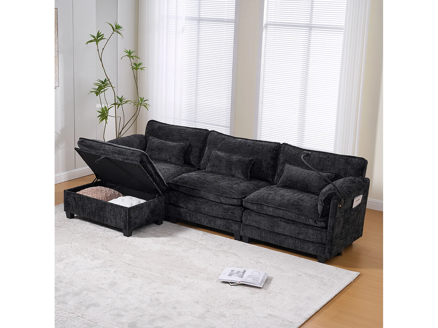 3-Sitzer-Sofa, Ecksofa mit USB-Anschluss, Seitentaschen und Handyhalterung – Schwarzes Chenille
