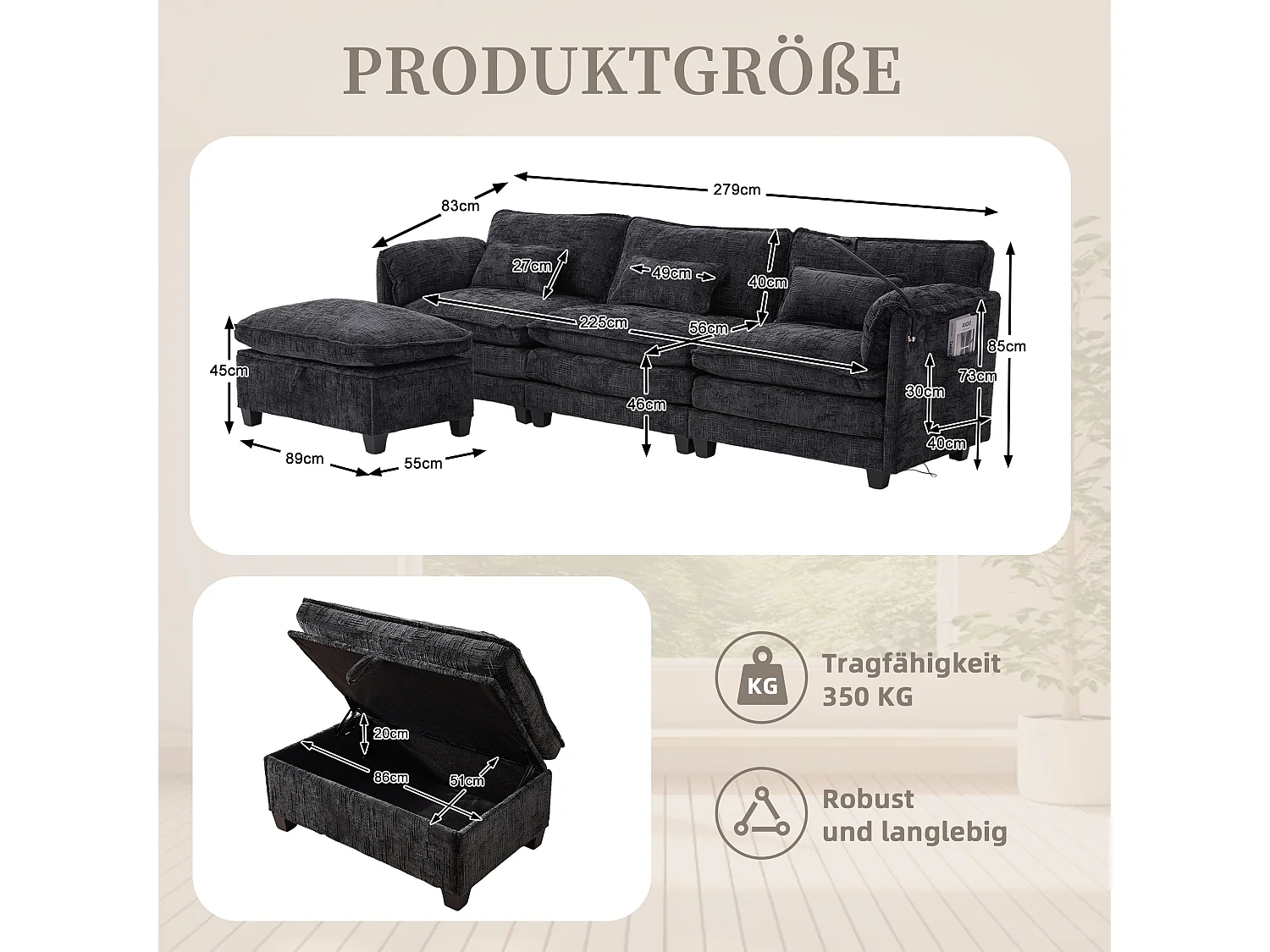 3-Sitzer-Sofa, Ecksofa mit USB-Anschluss, Seitentaschen und Handyhalterung – Schwarzes Chenille