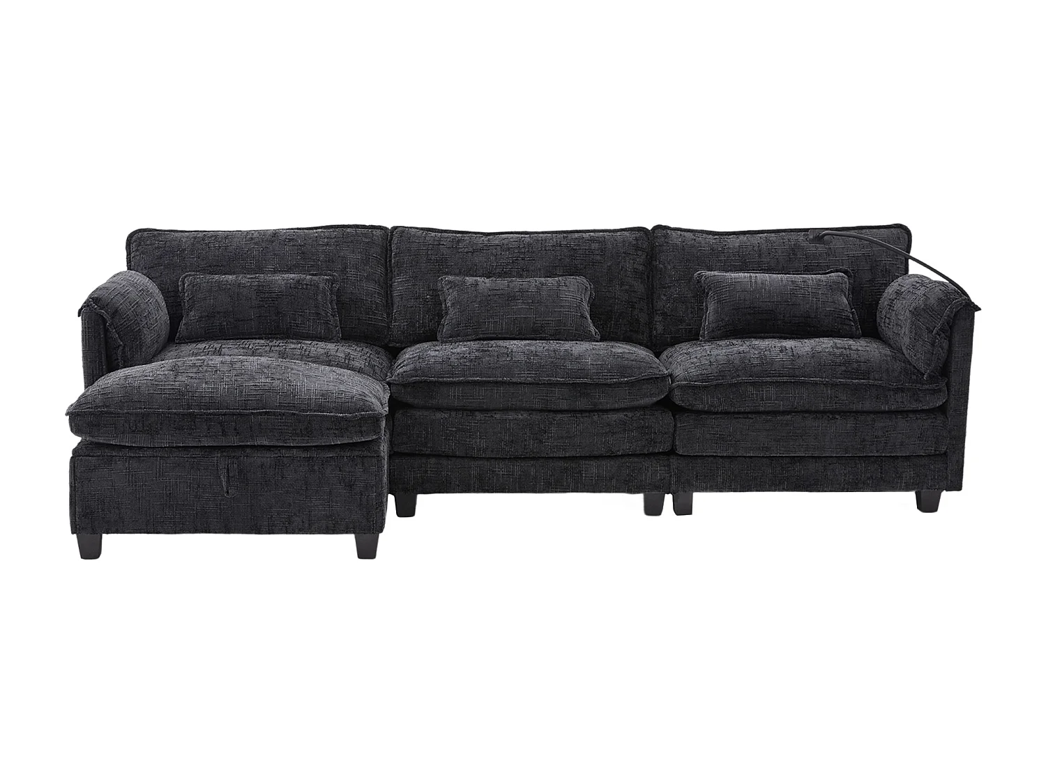 3-Sitzer-Sofa, Ecksofa mit USB-Anschluss, Seitentaschen und Handyhalterung – Schwarzes Chenille