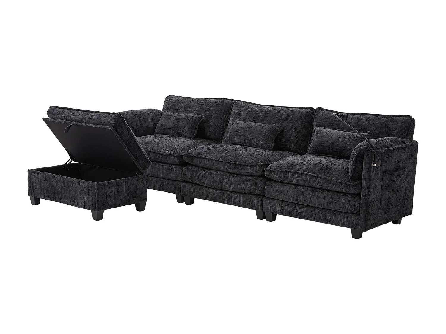 3-Sitzer-Sofa, Ecksofa mit USB-Anschluss, Seitentaschen und Handyhalterung – Schwarzes Chenille