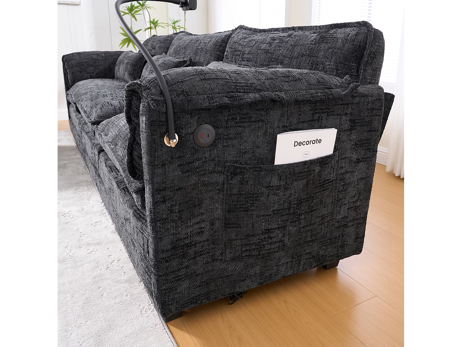 3-Sitzer-Sofa, Ecksofa mit USB-Anschluss, Seitentaschen und Handyhalterung – Schwarzes Chenille