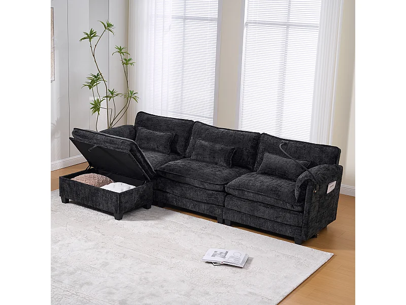 3-Sitzer-Sofa, Ecksofa mit USB-Anschluss, Seitentaschen und Handyhalterung – Schwarzes Chenille