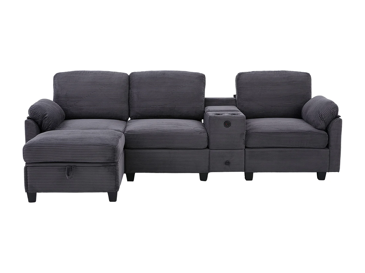 Canapé 3 places, canapé en velours côtelé  avec pouf de rangement, tiroirs, 2 porte-gobelets et port USB - gris