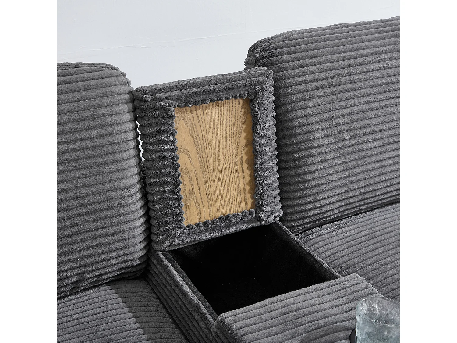 Canapé 3 places, canapé en velours côtelé  avec pouf de rangement, tiroirs, 2 porte-gobelets et port USB - gris