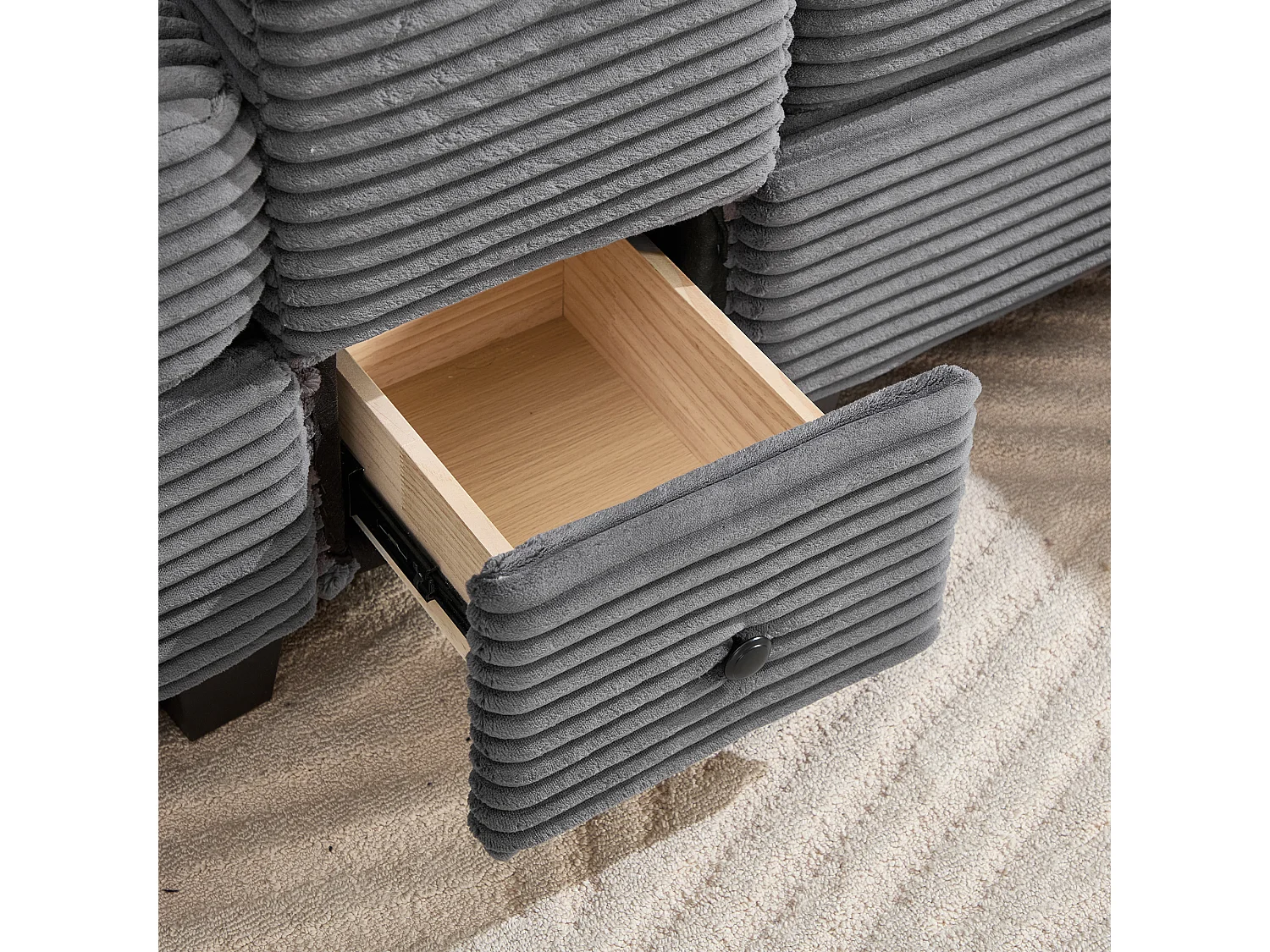 Canapé 3 places, canapé en velours côtelé  avec pouf de rangement, tiroirs, 2 porte-gobelets et port USB - gris