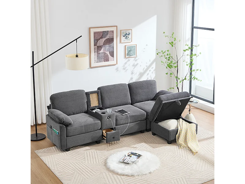 Canapé 3 places, canapé en velours côtelé  avec pouf de rangement, tiroirs, 2 porte-gobelets et port USB - gris