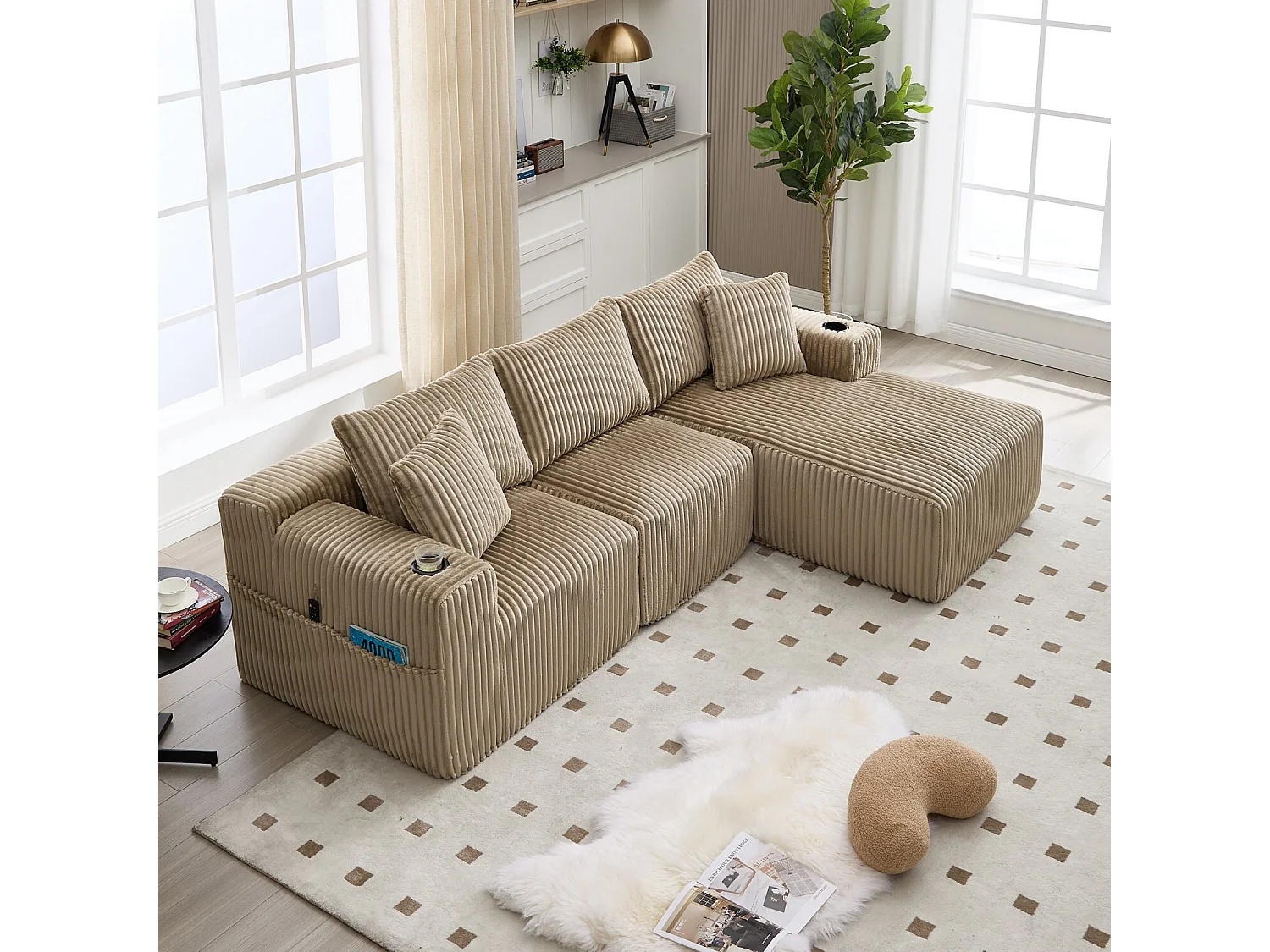 Canapé 3 places, Canapé rembourré avec poches latérales et porte-gobelets - Velours côtelé kaki