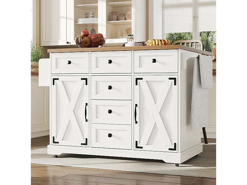 Mobilna wyspa kuchenna ze składanym blatem, 6 szufladami i 2 drzwiami – biała