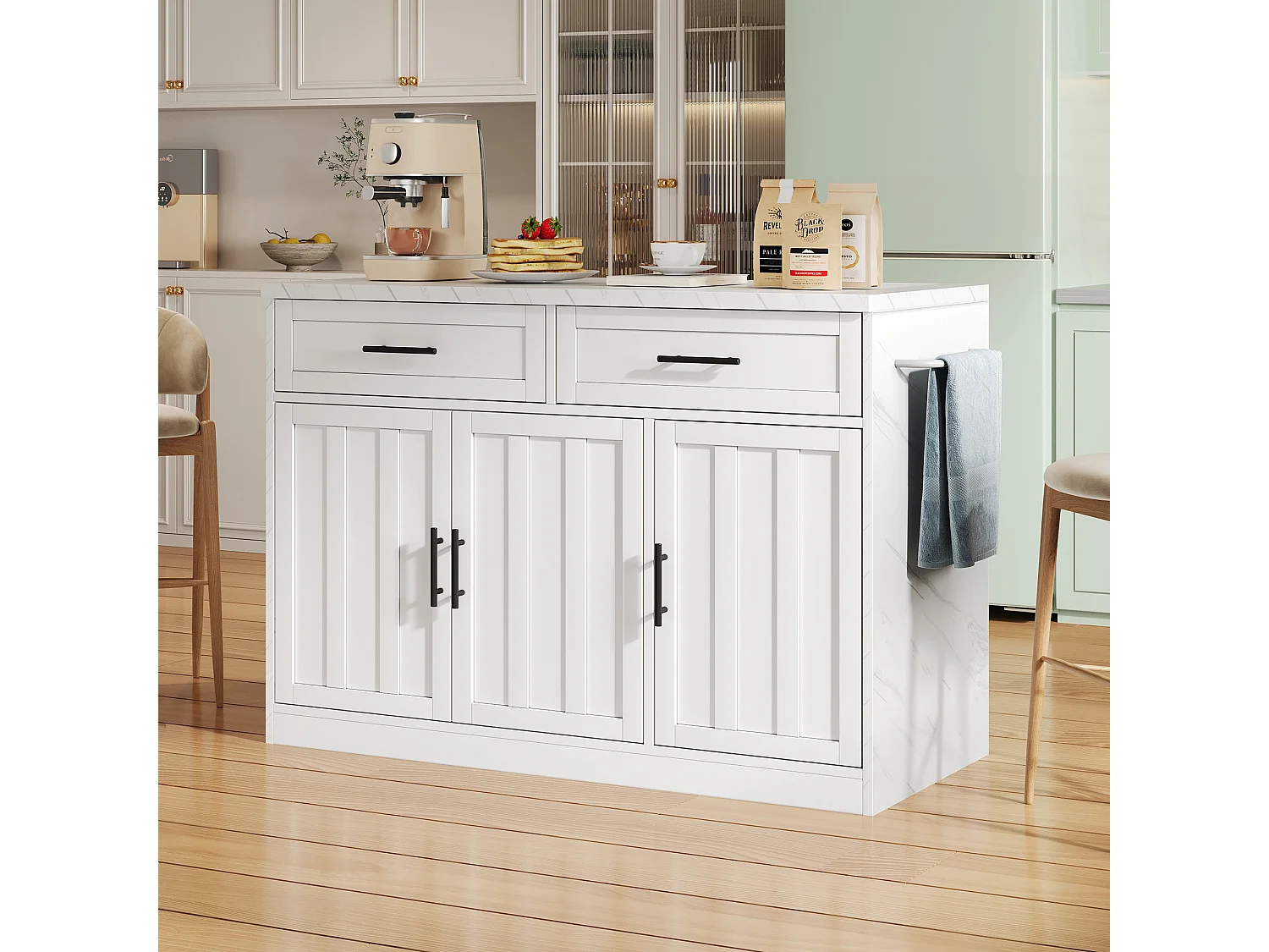 Isla de cocina blanca, Isla de cocina con puertos USB, 3 puertas y 2 cajones - MDF - para salón y cocina