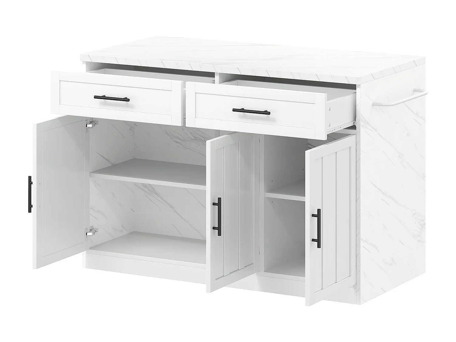 Isla de cocina blanca, Isla de cocina con puertos USB, 3 puertas y 2 cajones - MDF - para salón y cocina