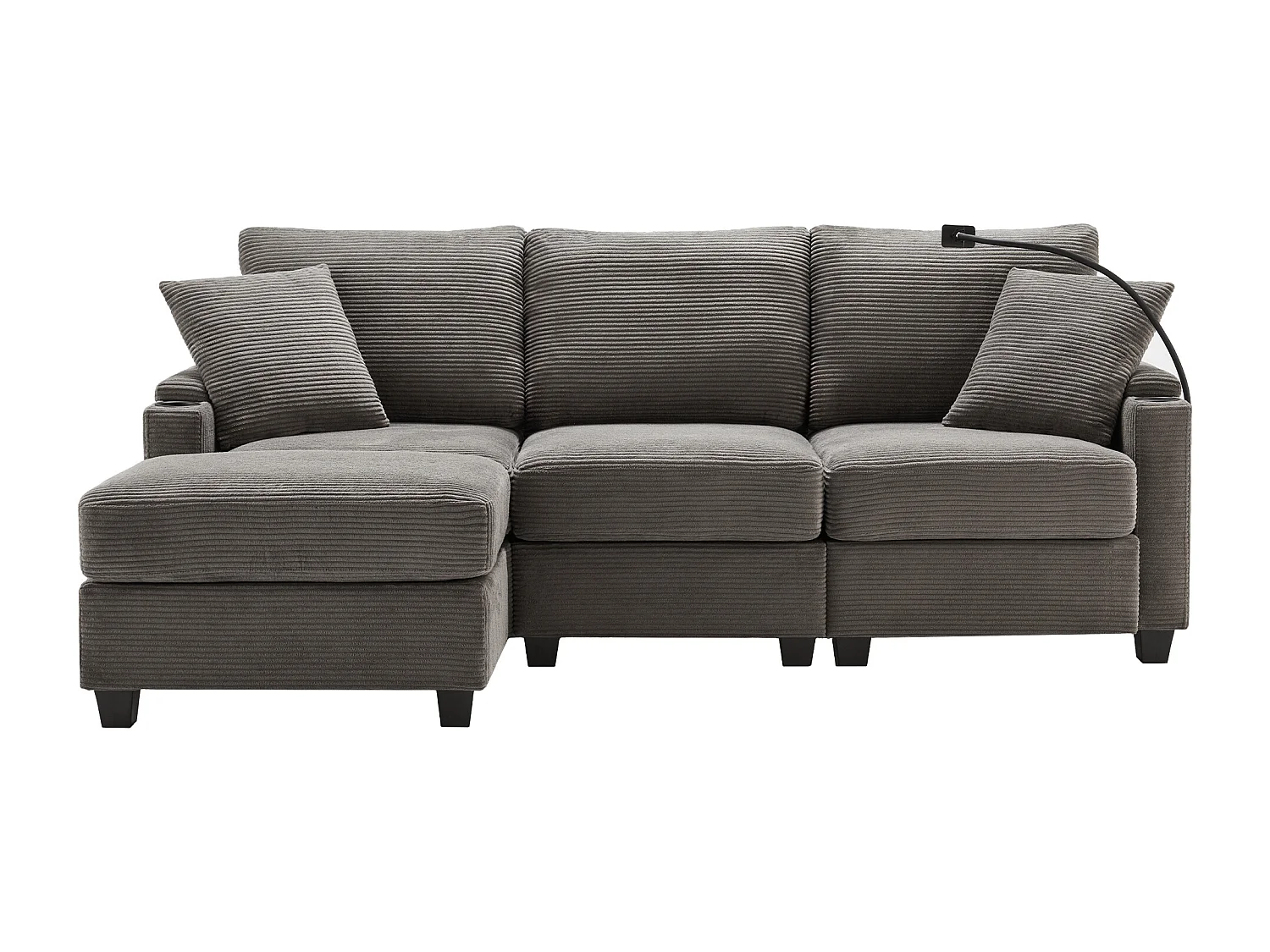3-Sitzer-Sofa, Ecksofa mit USB-Anschluss, Handyhalter und Getränkehalter – Dunkelgrauer Cord