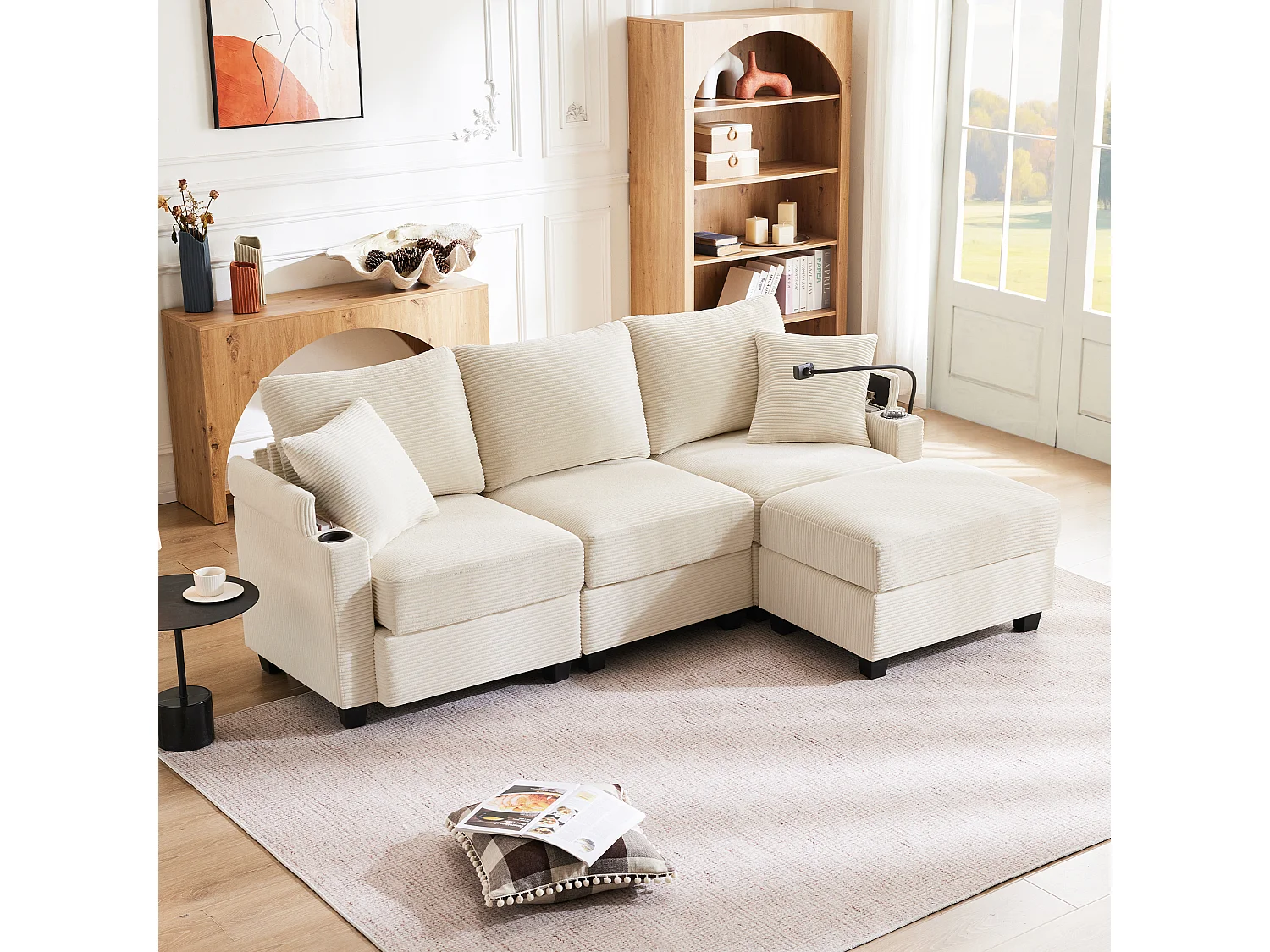 Canapé 3 places, canapé d'angle avec port USB et support téléphone, porte-gobelet - velours côtelé beige