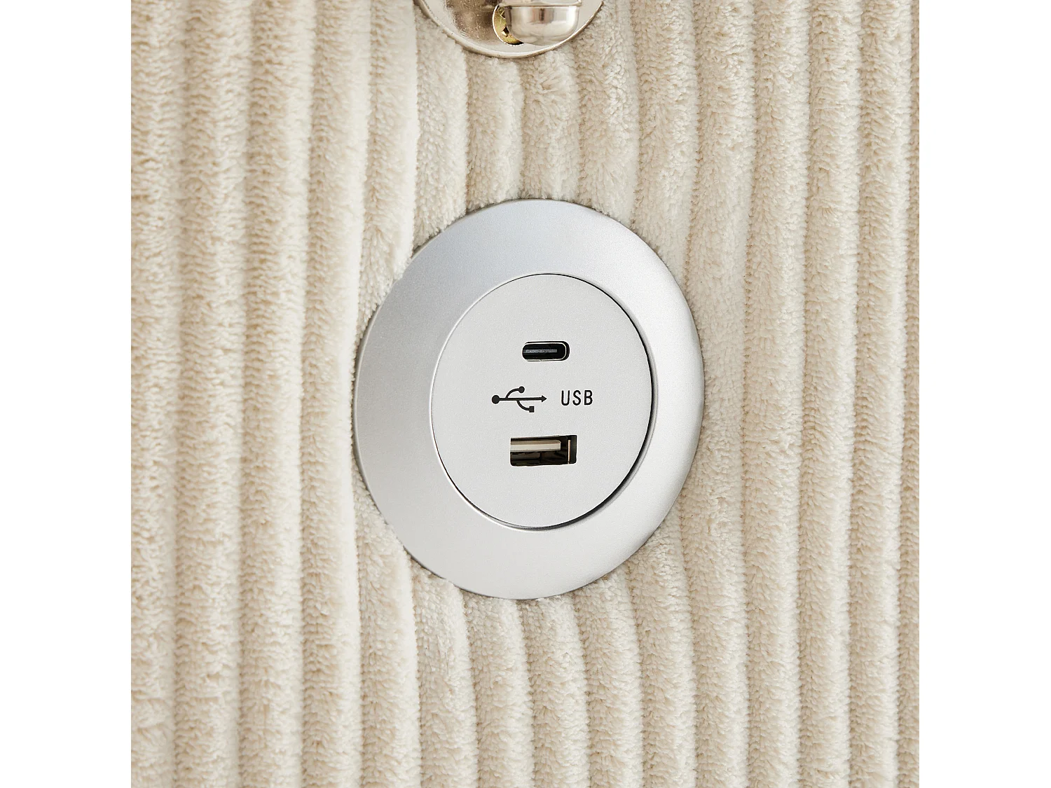 Canapé 3 places, canapé d'angle avec port USB et support téléphone, porte-gobelet - velours côtelé beige