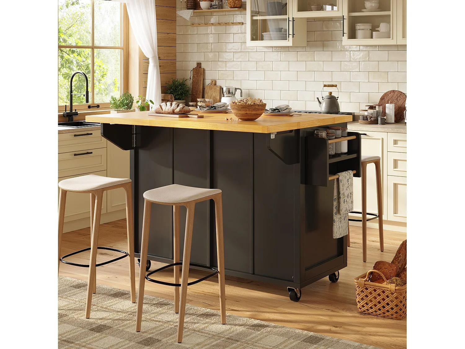 Isla de cocina negra con ruedas, 2 cajones y 4 puertas - para sala y comedor