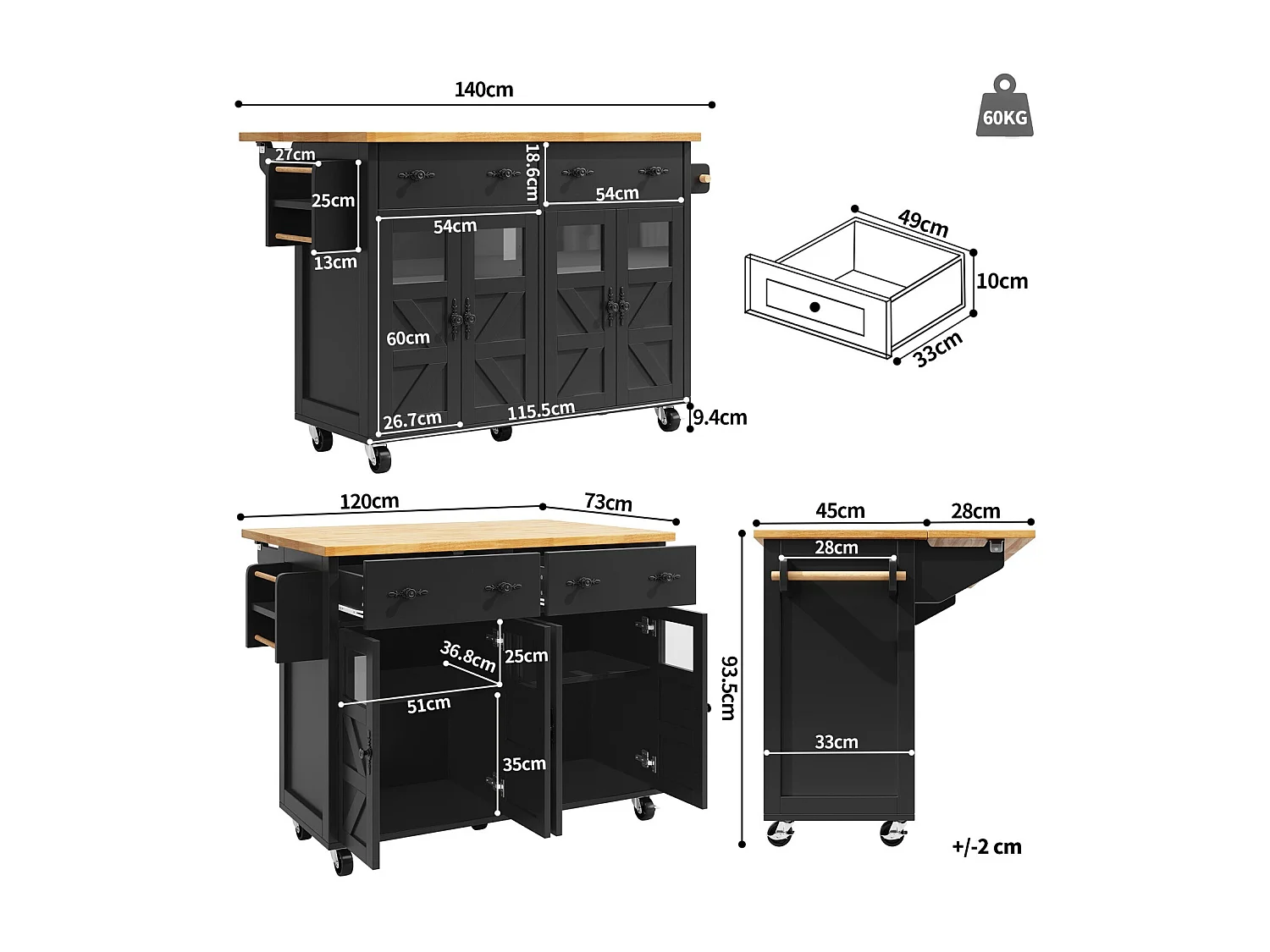 Isla de cocina negra con ruedas, 2 cajones y 4 puertas - para sala y comedor