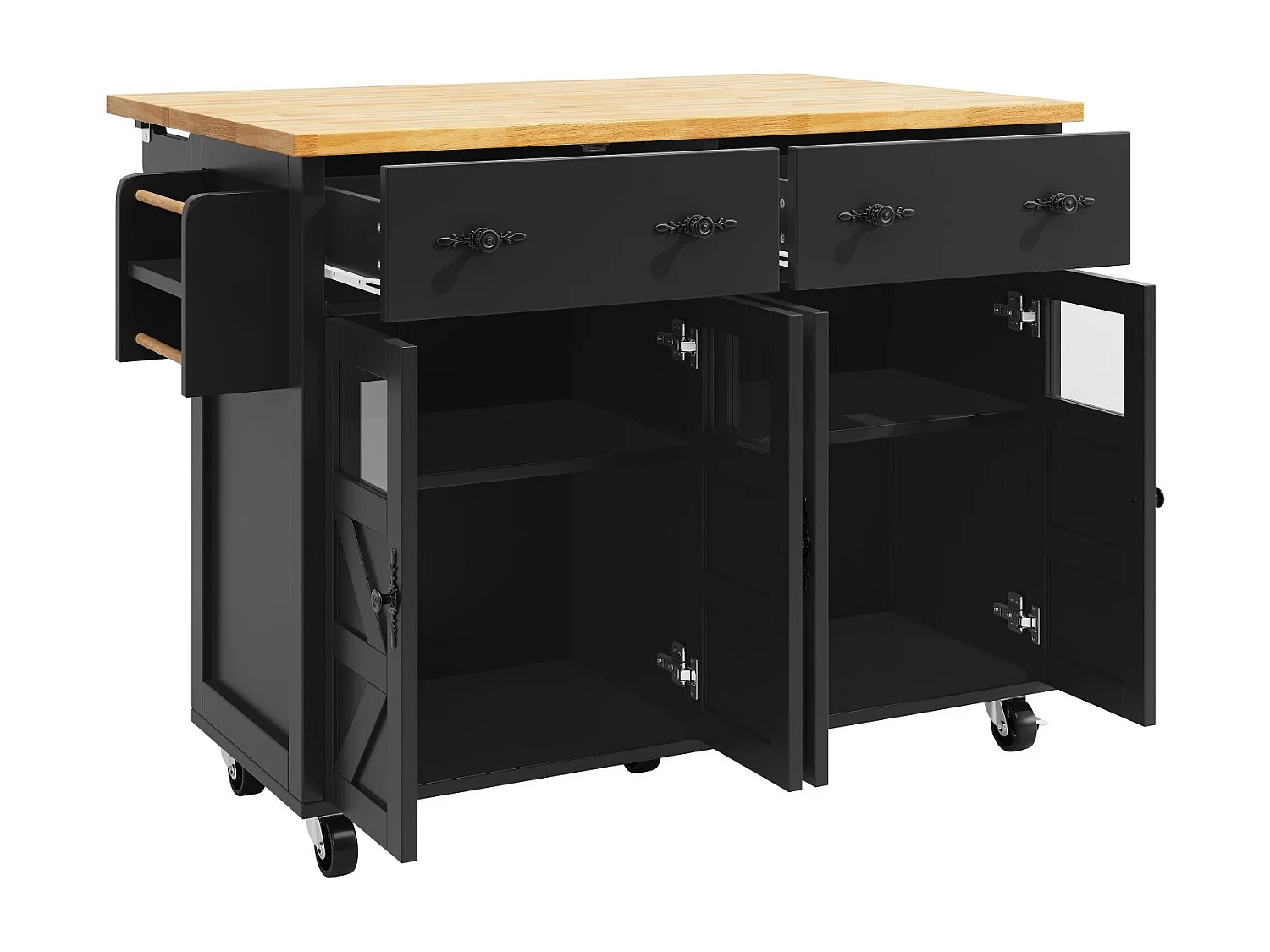 Isla de cocina negra con ruedas, 2 cajones y 4 puertas - para sala y comedor