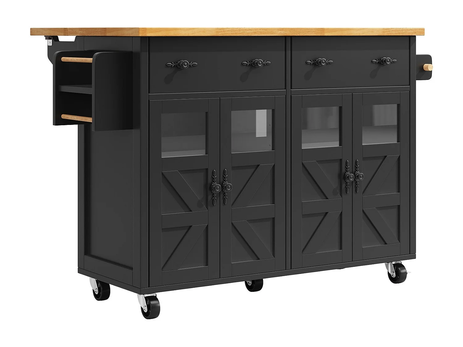 Isla de cocina negra con ruedas, 2 cajones y 4 puertas - para sala y comedor