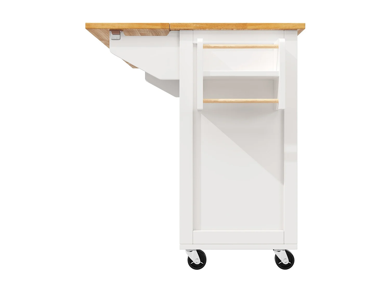 Biała wyspa kuchenna z kółkami, 2 szufladami i 4 drzwiami – do salonu i jadalni