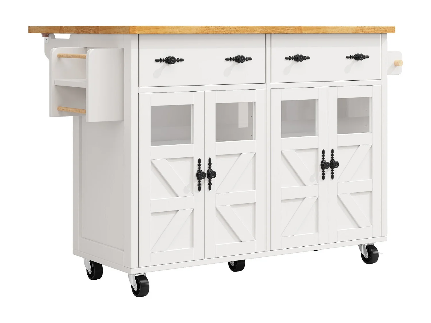 Biała wyspa kuchenna z kółkami, 2 szufladami i 4 drzwiami – do salonu i jadalni