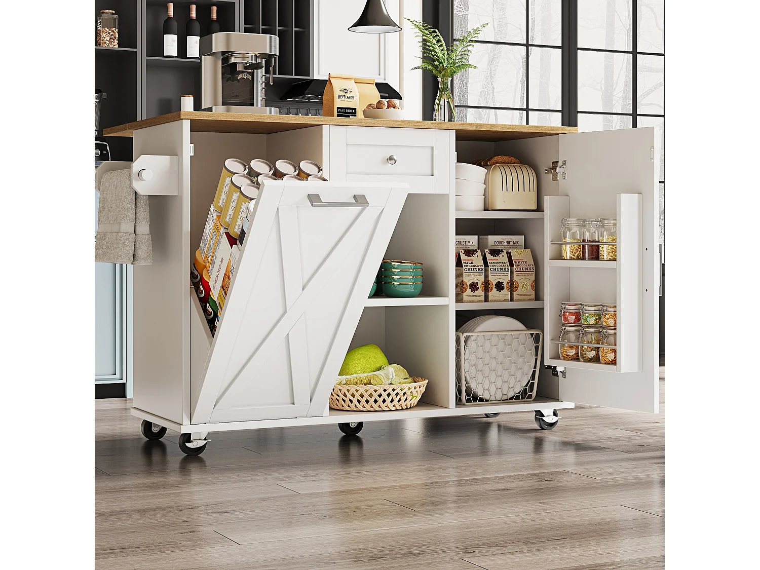 Moderne Kücheninsel, mobile Kücheninsel mit klappbarer Holzarbeitsplatte, 2 Türen und 1 Schublade – Weiß