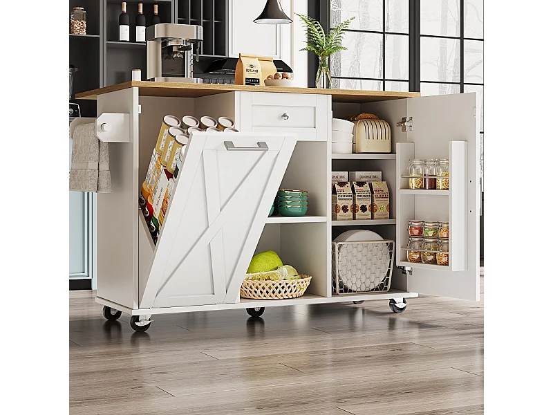 Moderne Kücheninsel, mobile Kücheninsel mit klappbarer Holzarbeitsplatte, 2 Türen und 1 Schublade – Weiß