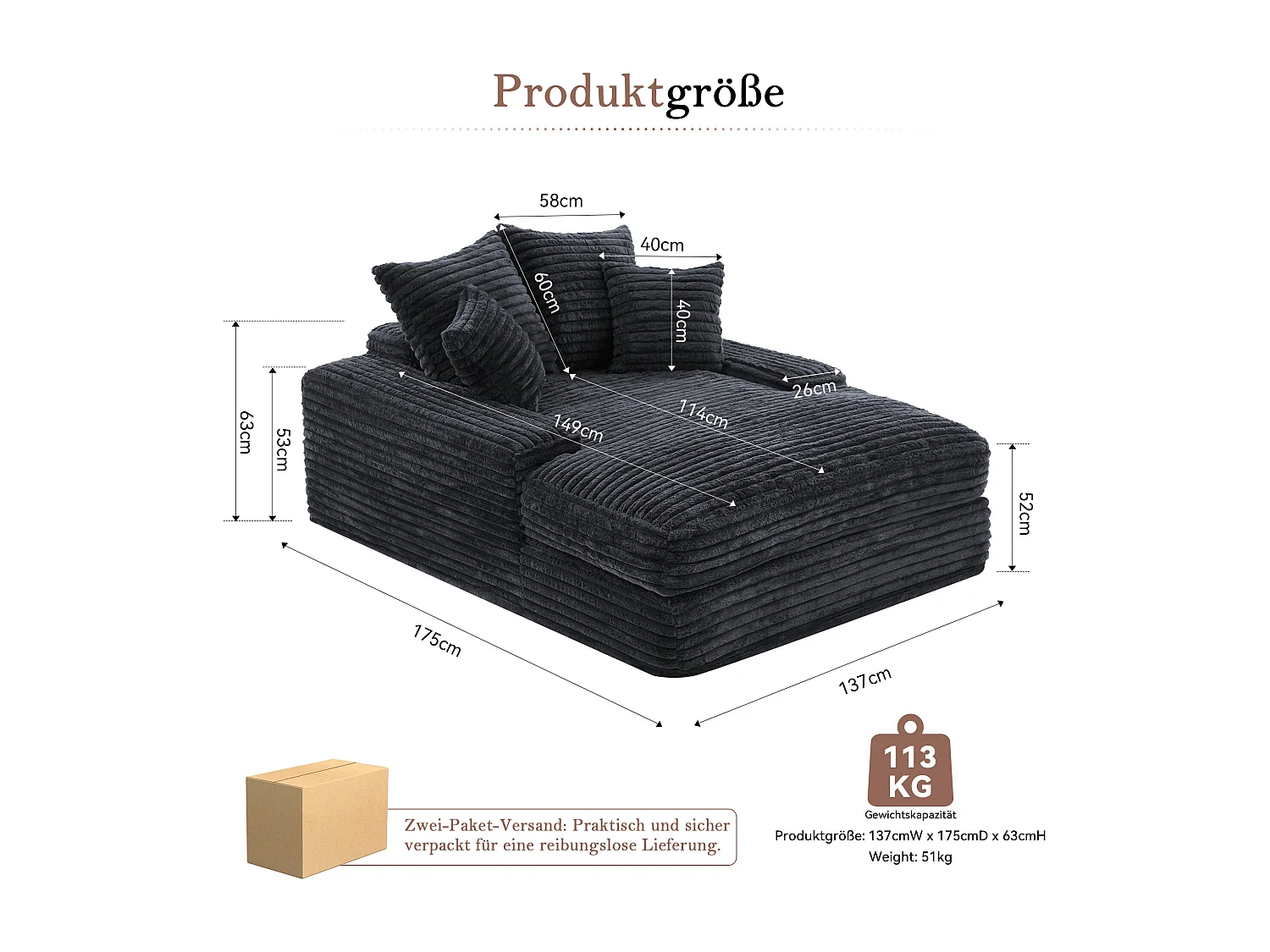 Canapé capitonné, canapé en velours côtelé gris avec dossier et coussins - pour salon et aux chambre