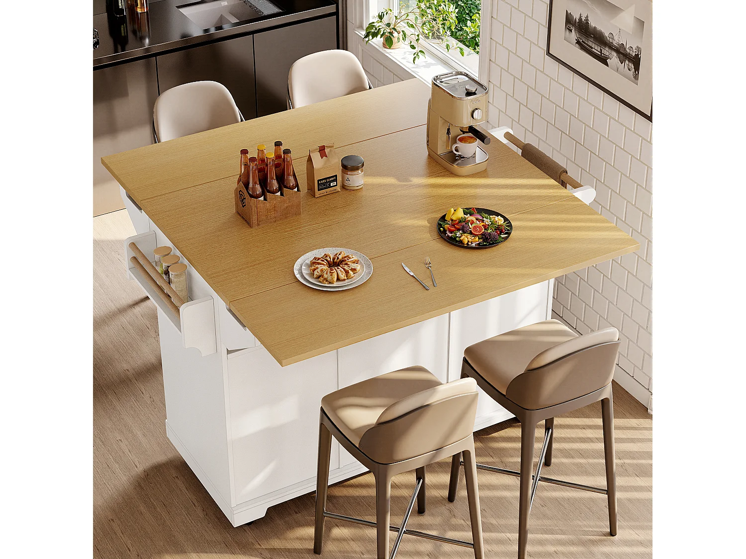 Îlot de cuisine blanc avec plateau de table pliable, 3 tiroirs de rangement et 2 portes - 5 roulettes
