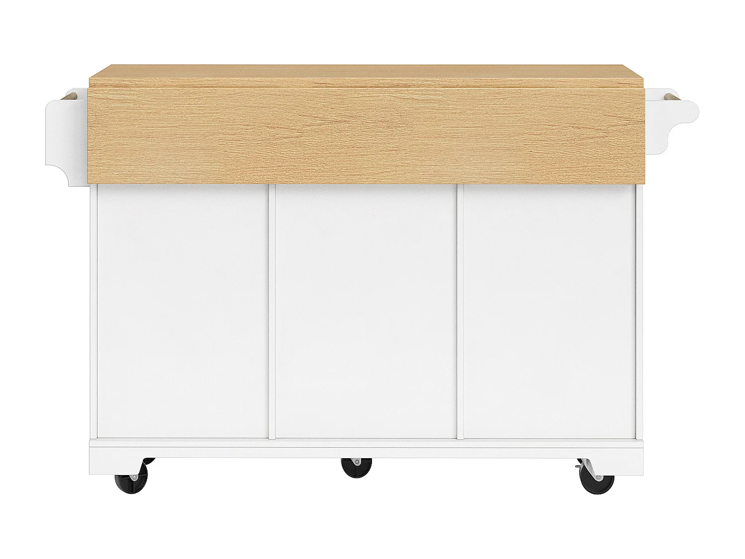 Îlot de cuisine blanc avec plateau de table pliable, 3 tiroirs de rangement et 2 portes - 5 roulettes