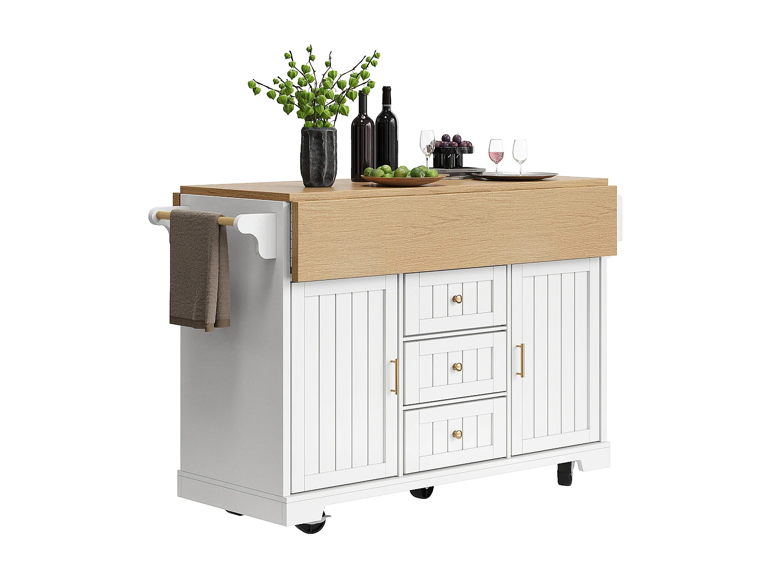 Îlot de cuisine blanc avec plateau de table pliable, 3 tiroirs de rangement et 2 portes - 5 roulettes